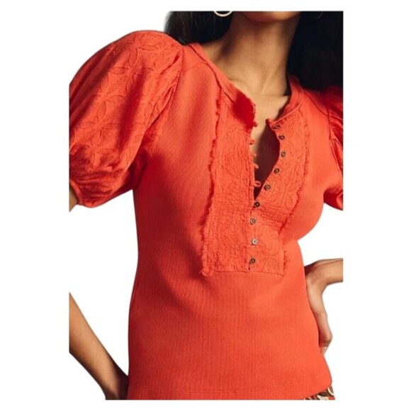 Pilcro Bella Henley Top Anthropologie Button Puff Sleeve ribbed Blouse Boho M - Picture 1 of 12
